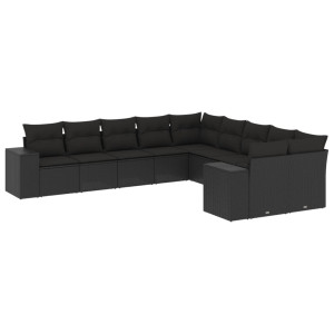 10 pcs conjunto sofás de jardim c/ almofadões vime PE preto H