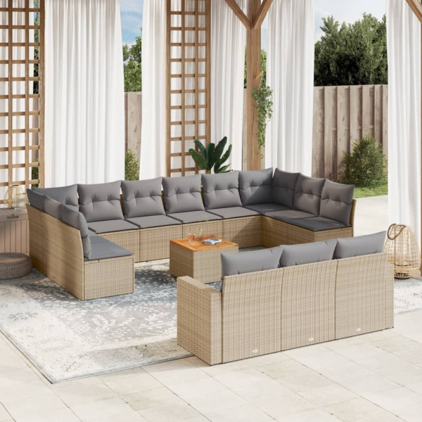 14 pcs conj. sofás jardim c/ almofadões vime PE bege misturado D