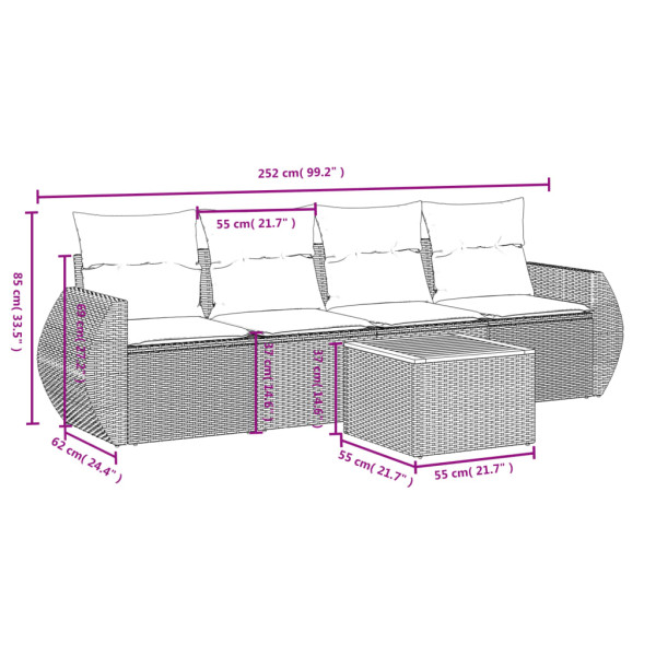 Set de muebles de jardín 5 pzas y cojines ratán sintético negro M 3