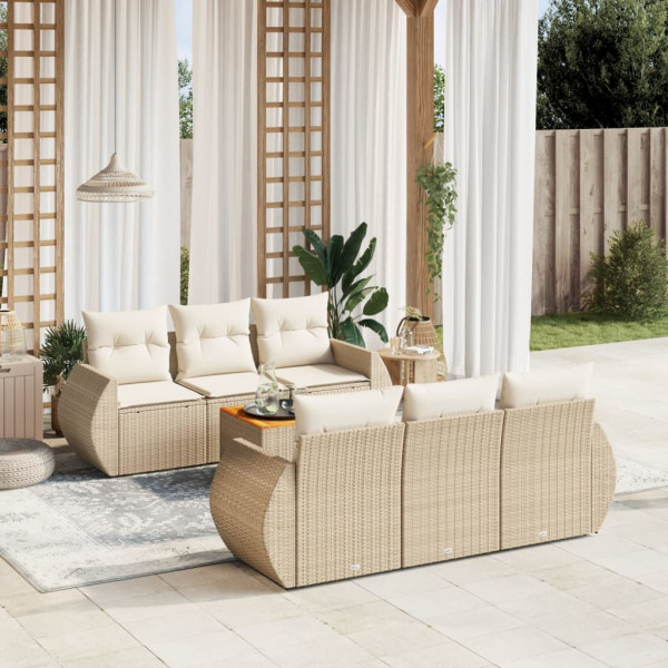 Set sofás de jardín 7 piezas y cojines ratán sintético beige D