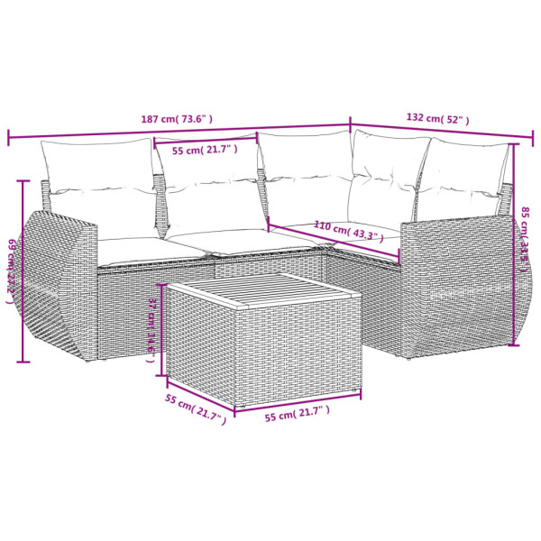 5 pcs conjunto sofás de jardim com almofadões vime PE preto M 3