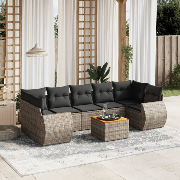 8 pcs conjunto sofás de jardim c/ almofadões vime PE cinzento D