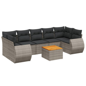 8 pcs conjunto sofás de jardim c/ almofadões vime PE cinzento H