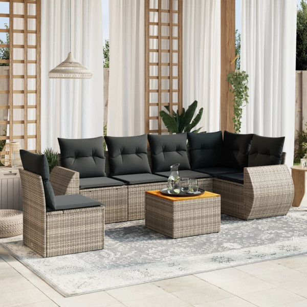 Set de sofás de jardín 7 piezas con cojines ratán PE gris D