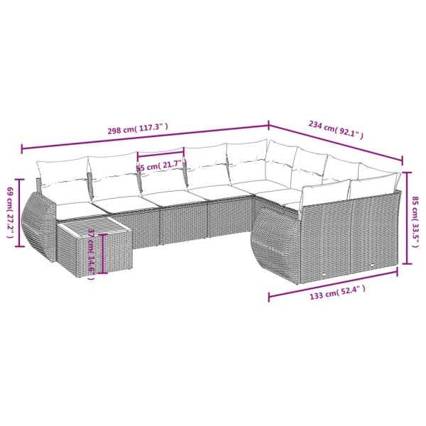 10 pcs conjunto de sofás p/ jardim com almofadões vime PE bege M 3