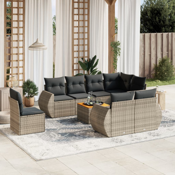 Set de muebles de jardín 9 pzas y cojines ratán sintético gris D