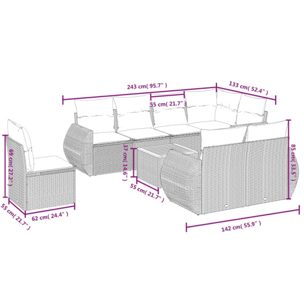9 pcs conjunto sofás p/ jardim com almofadões vime PE cinzento M 3