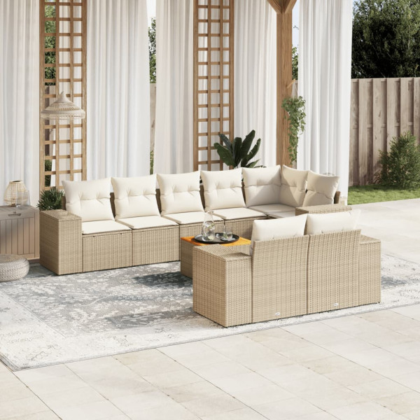Set de sofás de jardín 9 pzas con cojines ratán sintético beige D