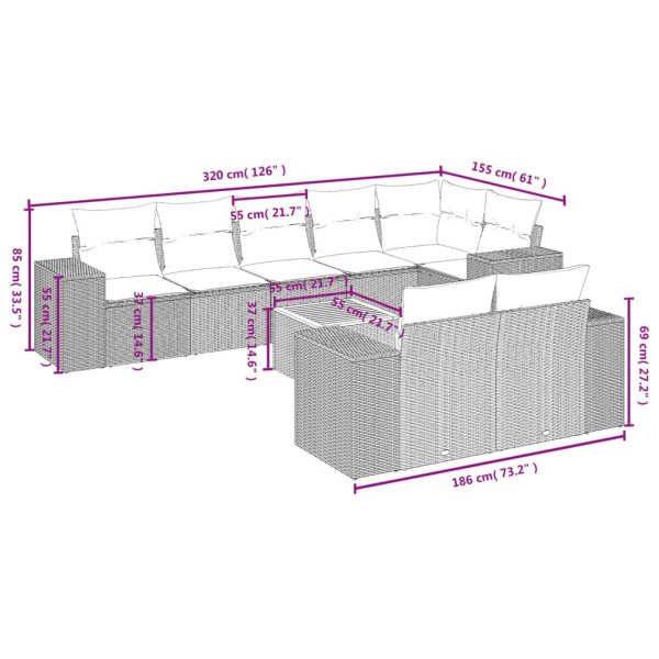 Set de sofás de jardín 9 pzas con cojines ratán sintético beige M 3