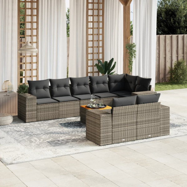 Set de muebles de jardín 9 pzas y cojines ratán sintético gris D