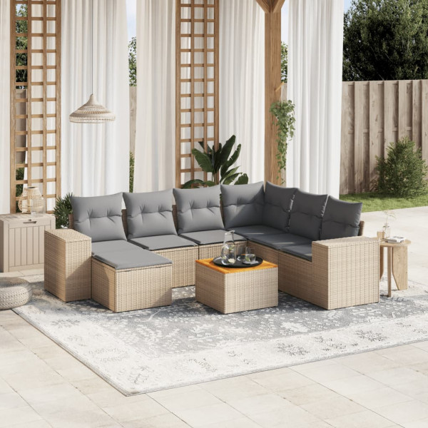 8 pcs conjunto de sofás p/ jardim com almofadões vime PE bege D