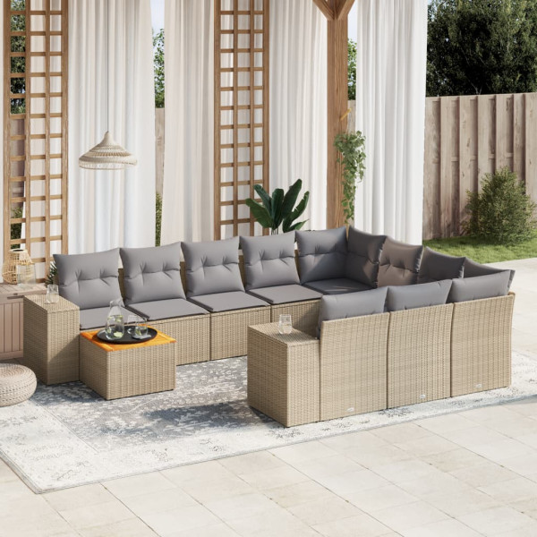 Set de sofás de jardín 11pzas con cojines ratán sintético beige D