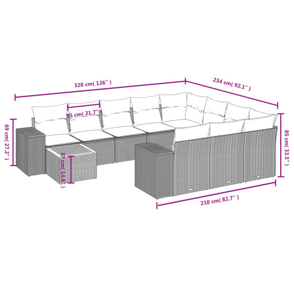 11 pcs conjunto sofás de jardim c/ almofadões vime PE bege M 3