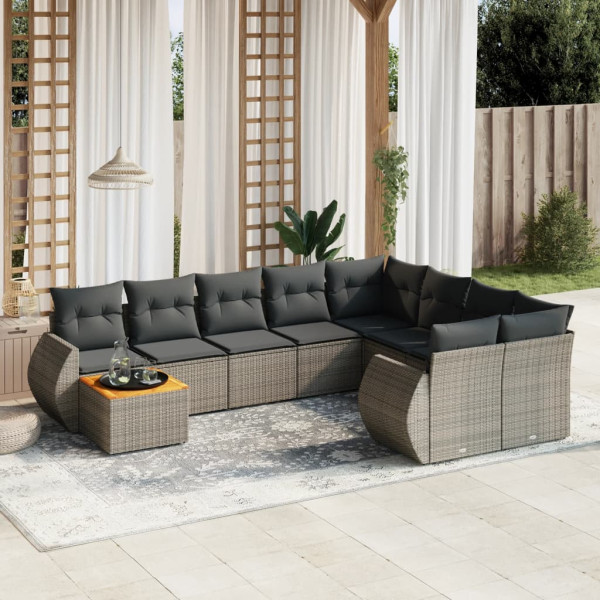 10 pcs conjunto sofás de jardim c/ almofadões vime PE cinzento D