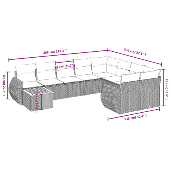 10 pcs conjunto sofás de jardim c/ almofadões vime PE cinzento M 3