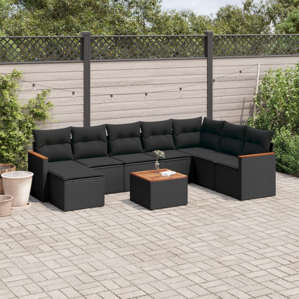 9 pcs conjunto de sofás p/ jardim c/ almofadões vime PE preto D