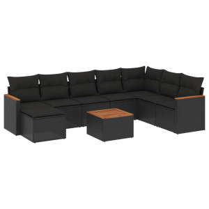 9 pcs conjunto de sofás p/ jardim c/ almofadões vime PE preto H