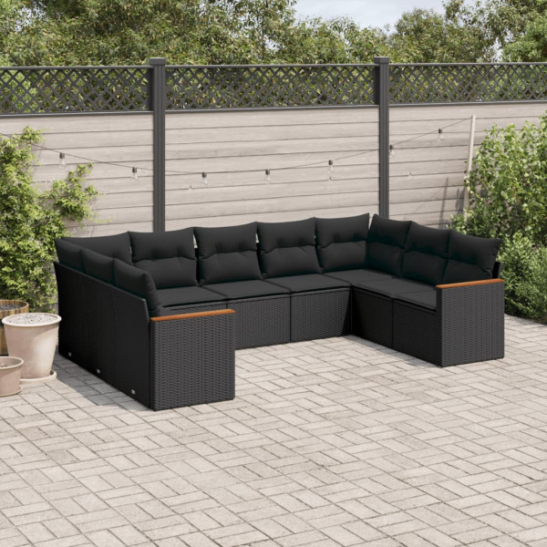 9 pcs conjunto de sofás p/ jardim c/ almofadões vime PE preto D