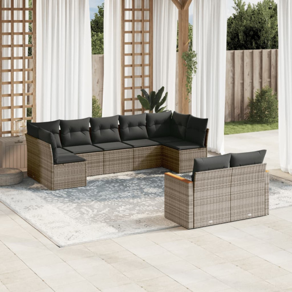 Set de muebles de jardín 9 pzas y cojines ratán sintético gris D
