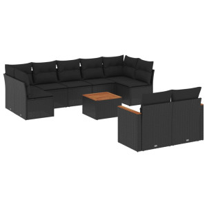 10 pcs conjunto sofás de jardim c/ almofadões vime PE preto H