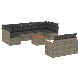 10 pcs conjunto sofás de jardim c/ almofadões vime PE cinzento H