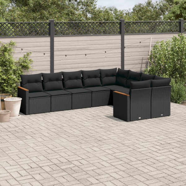 9 pcs conjunto de sofás p/ jardim c/ almofadões vime PE preto D