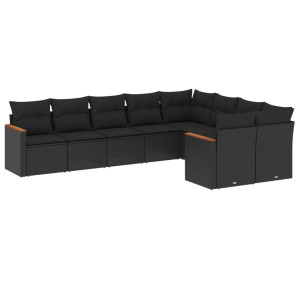 9 pcs conjunto de sofás p/ jardim c/ almofadões vime PE preto H