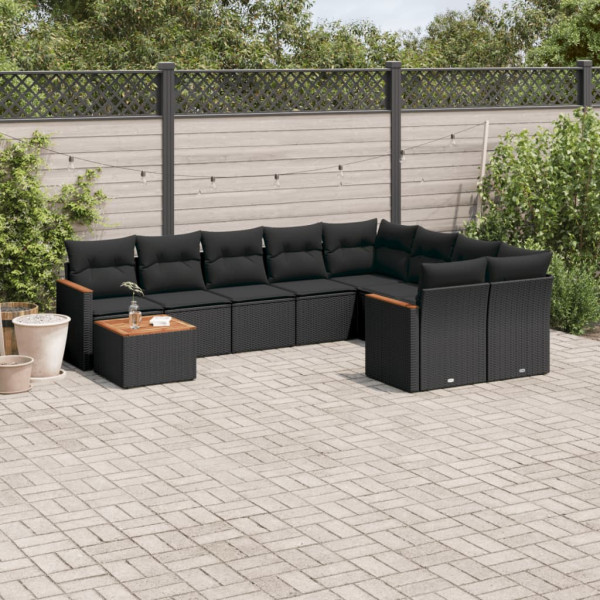 10 pcs conjunto sofás de jardim c/ almofadões vime PE preto D