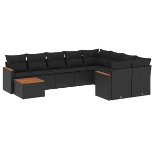10 pcs conjunto sofás de jardim c/ almofadões vime PE preto H