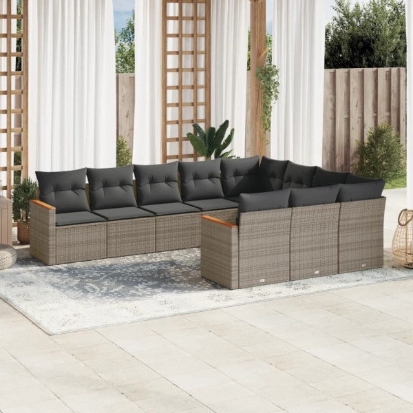 10 pcs conjunto sofás de jardim c/ almofadões vime PE cinzento D