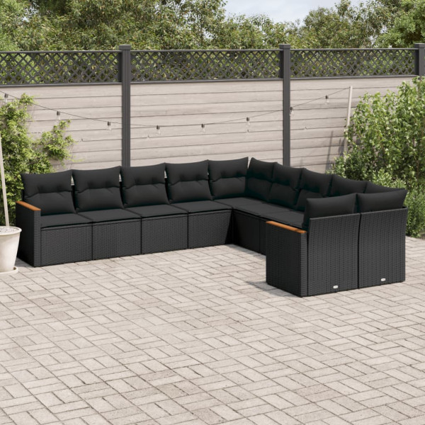 10 pcs conjunto sofás de jardim c/ almofadões vime PE preto D