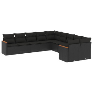 10 pcs conjunto sofás de jardim c/ almofadões vime PE preto H