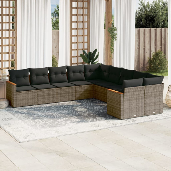 10 pcs conjunto sofás de jardim c/ almofadões vime PE cinzento D