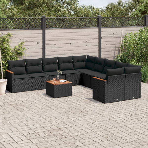 11 pcs conjunto sofás de jardim c/ almofadões vime PE preto D