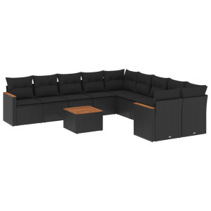 11 pcs conjunto sofás de jardim c/ almofadões vime PE preto H