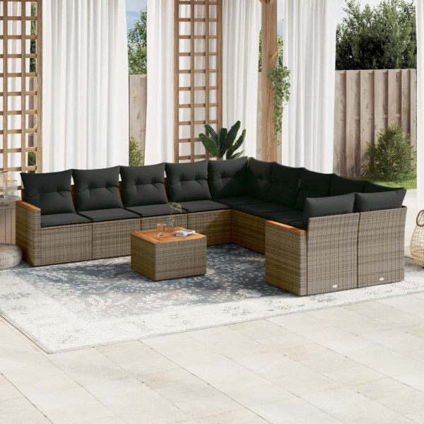 11 pcs conjunto sofás de jardim c/ almofadões vime PE cinzento D