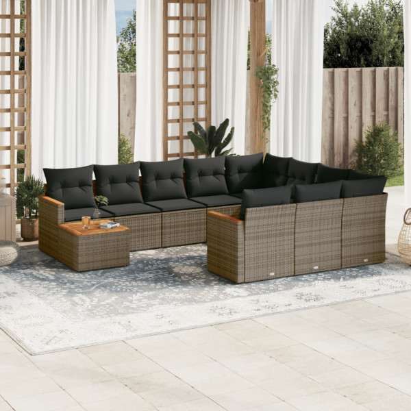 Set de sofás de jardín 11 pzas y cojines ratán sintético gris D