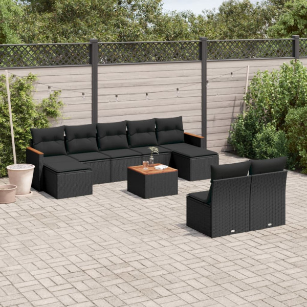 Set de sofás de jardín 10 pzas cojines ratán sintético negro D