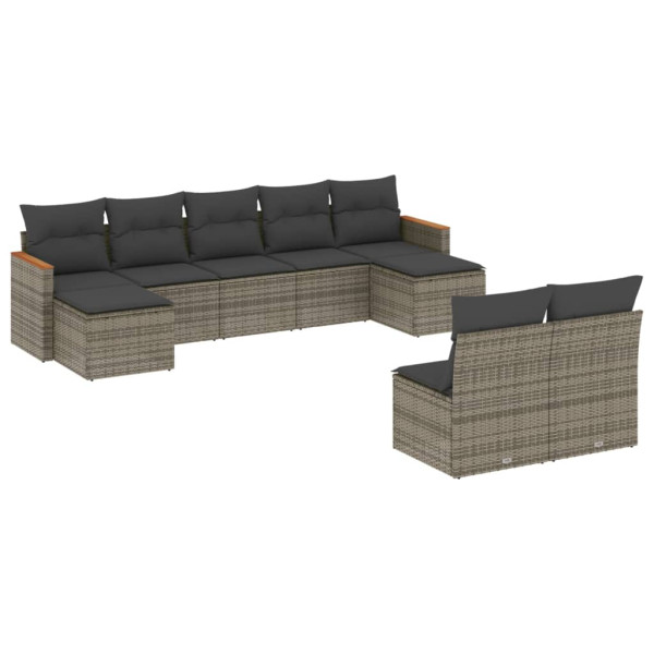 Set de muebles de jardín 9 pzas y cojines ratán sintético gris M 2