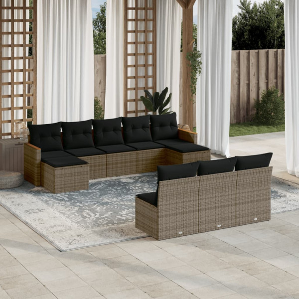 10 pcs conjunto sofás de jardim c/ almofadões vime PE cinzento D