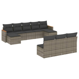 10 pcs conjunto sofás de jardim c/ almofadões vime PE cinzento H