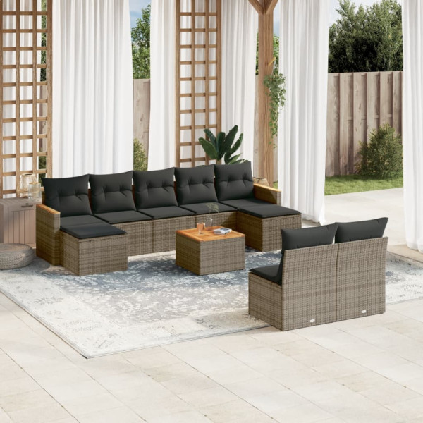 10 pcs conjunto sofás de jardim c/ almofadões vime PE cinzento D