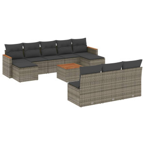 11 pcs conjunto sofás de jardim c/ almofadões vime PE cinzento H
