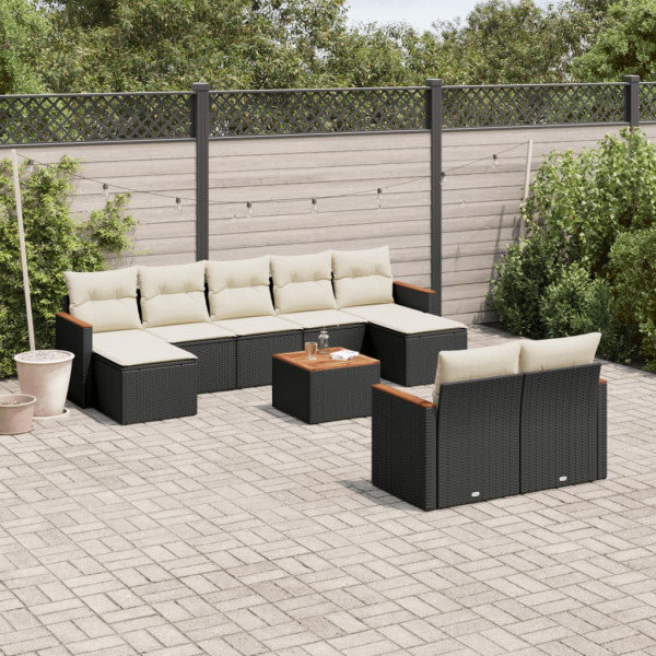 10 pcs conjunto sofás de jardim c/ almofadões vime PE preto D