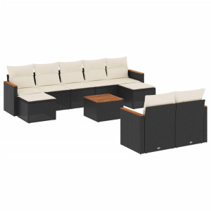 10 pcs conjunto sofás de jardim c/ almofadões vime PE preto H