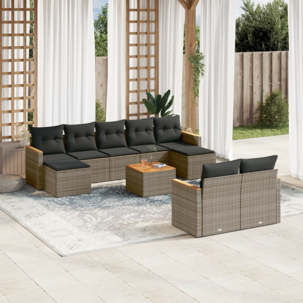 Set de sofás de jardín 10 pzas con cojines ratán sintético gris D