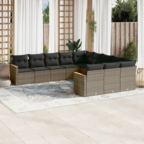 11 pcs conjunto sofás de jardim c/ almofadões vime PE cinzento D