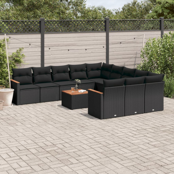 Set de sofás de jardín 12 piezas cojines ratán sintético negro D