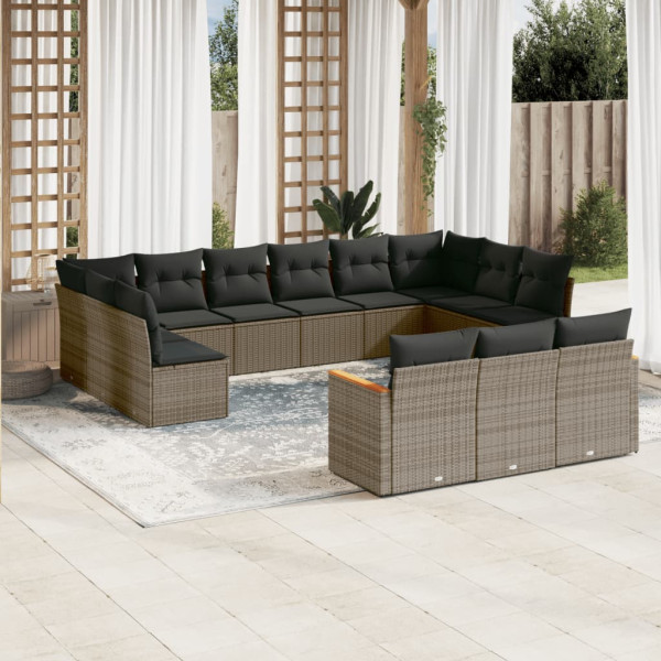 13 pcs conjunto sofás p/ jardim c/ almofadões vime PE cinzento D