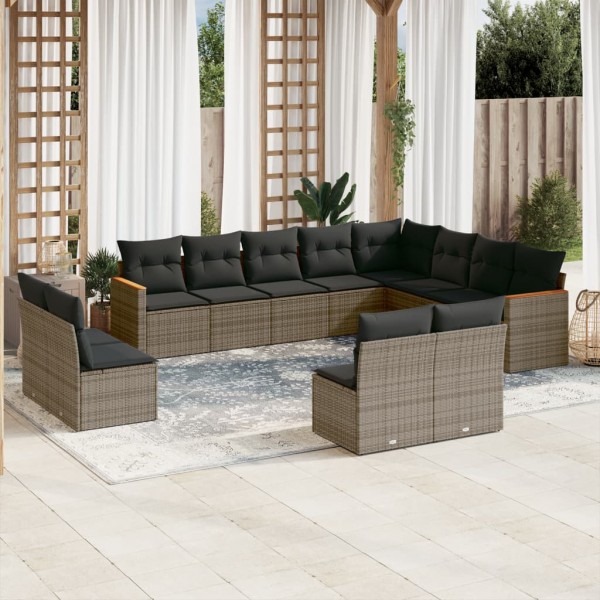 Set de sofás de jardín 12 pzas con cojines ratán sintético gris D